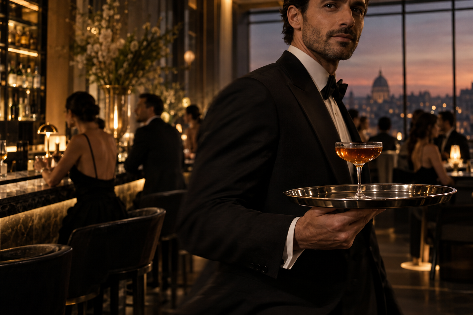 A host carries a silver tray and amber cocktail through a softly lit hotel bar.